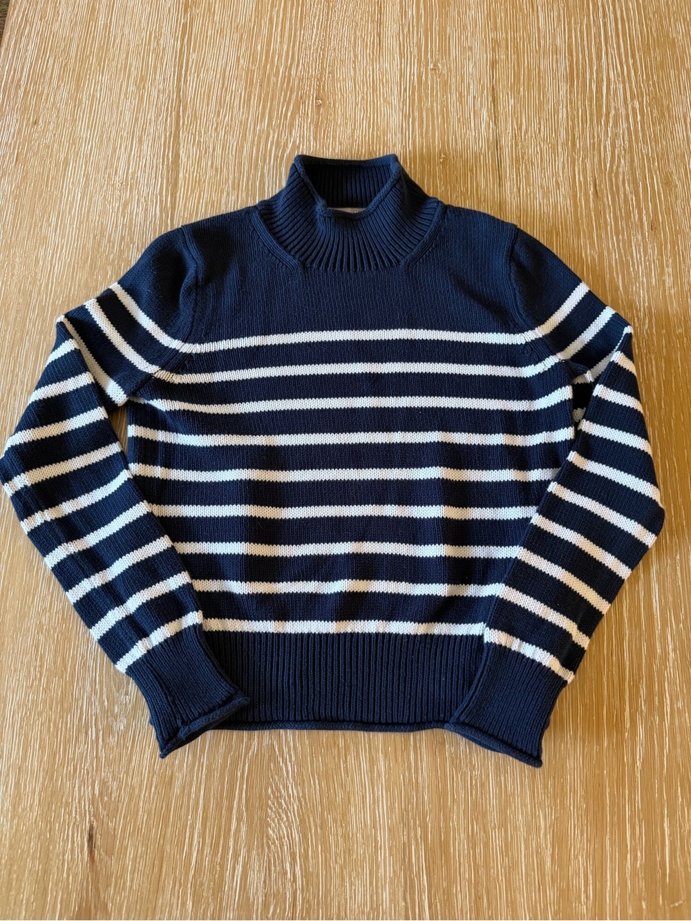 100% COTTON J. Crew Navy and White Striped Turtleneck Sweater